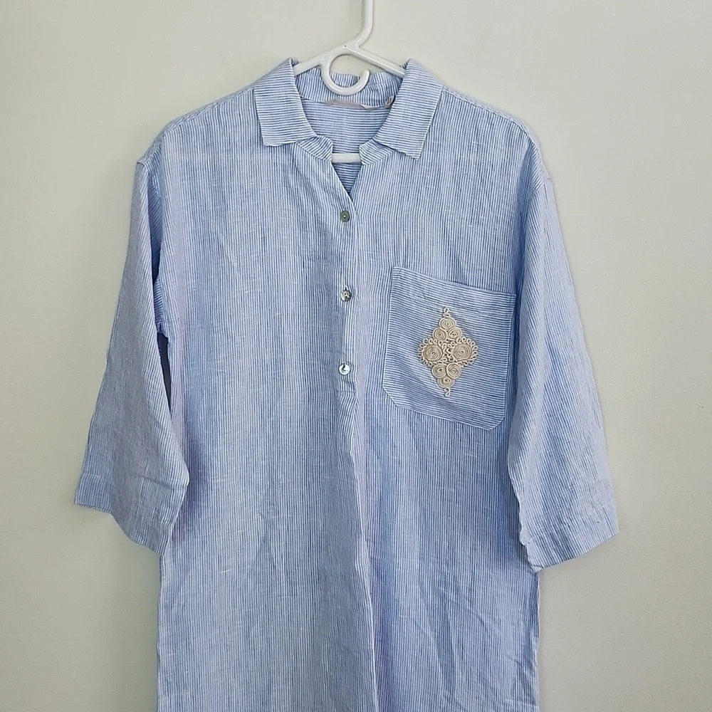 Soft Surroundings Linen Maxi Dress Blue White Striped Embroidered Side Slits S - Picture 2 of 11